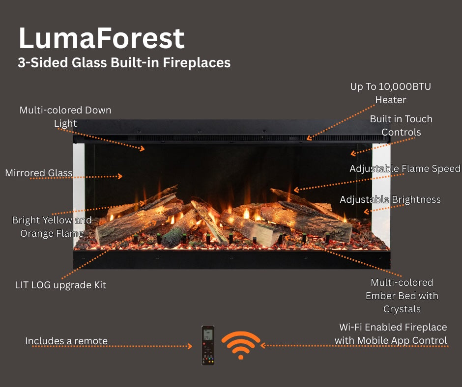 Amantii Fire & Ice LumaForest 75" 3-Sided WiFi-Enabled Built-in Electric Fireplace