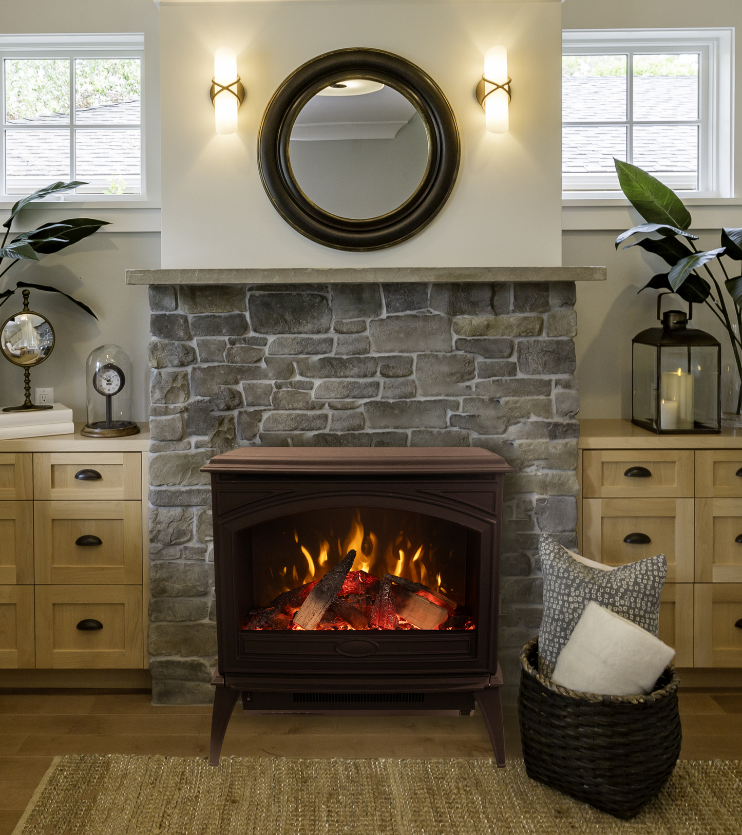 Amantii Lynwood Cast Iron E50-HO Freestanding High Power Electric Fireplace With Lit Logs & Split Logs