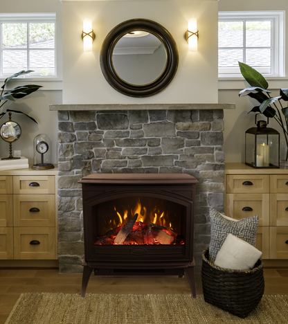 Amantii Lynwood Cast Iron E50-HO Freestanding High Power Electric Fireplace With Lit Logs & Split Logs