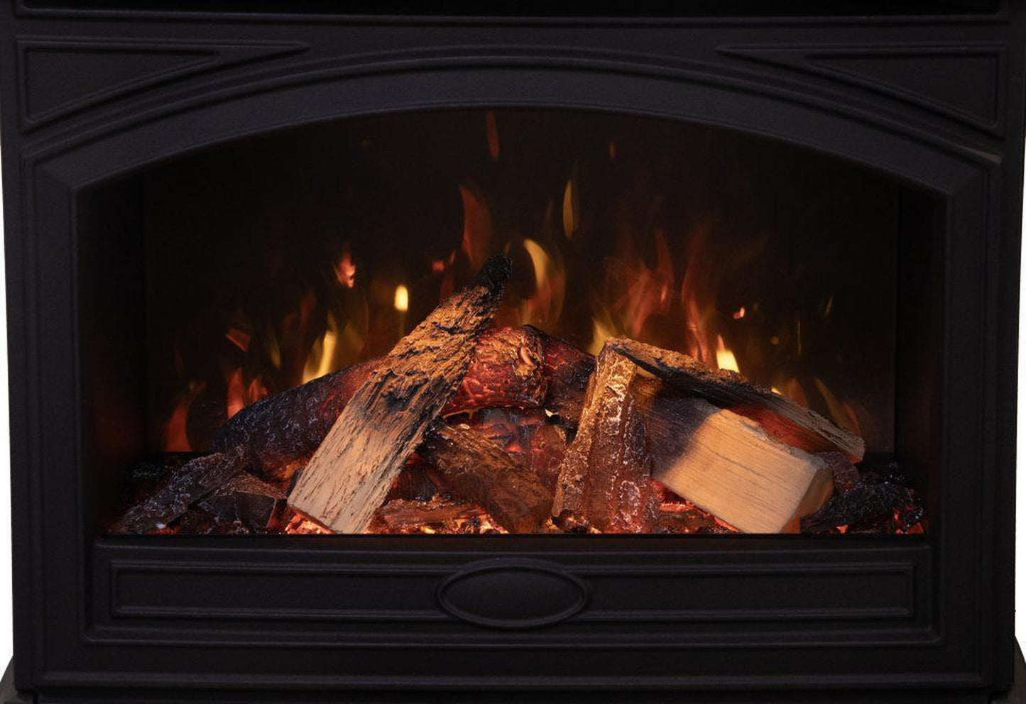 Amantii Lynwood Cast Iron E50-HO Freestanding High Power Electric Fireplace With Lit Logs & Split Logs