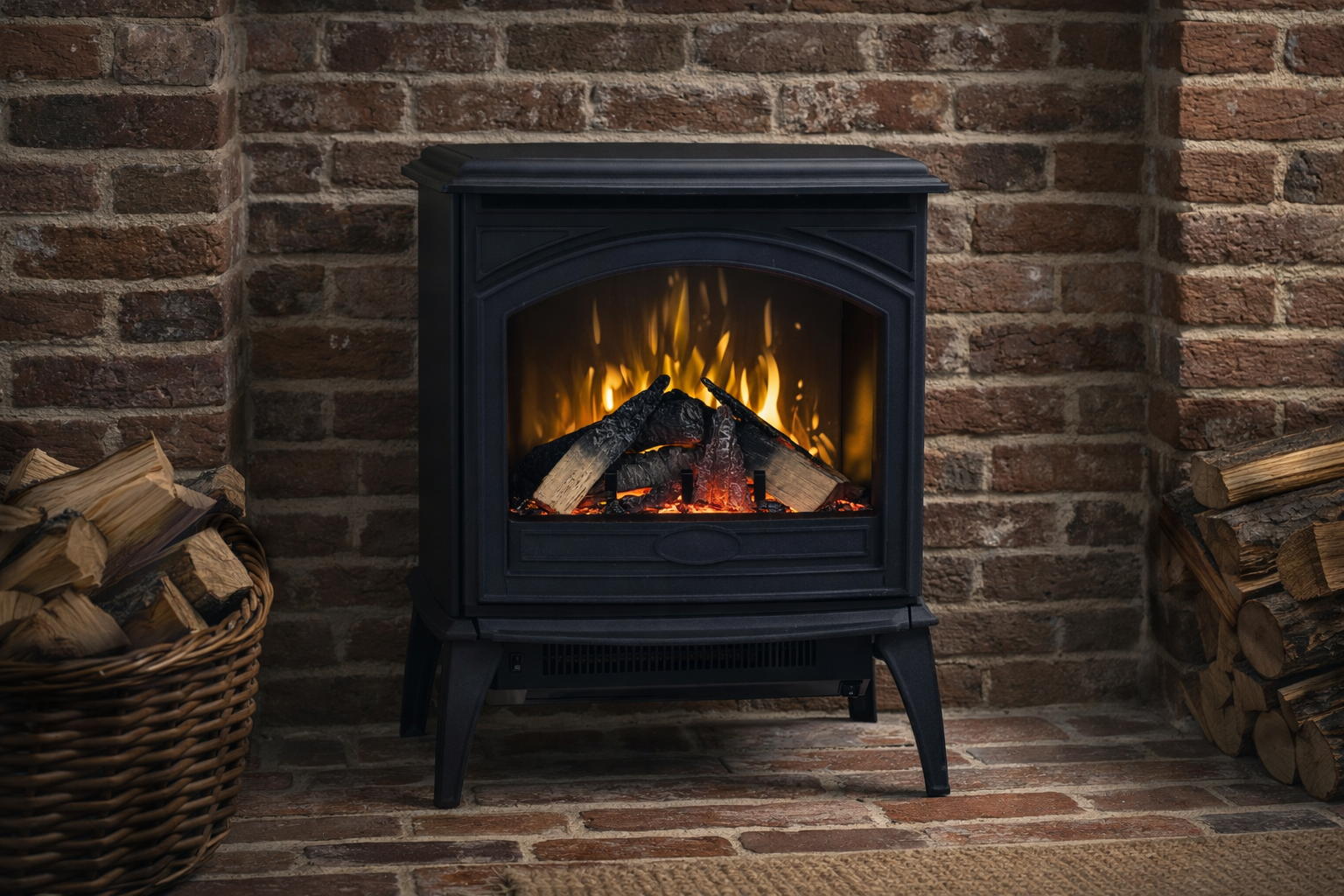 Amantii Lynwood Cast Iron E70-HO Freestanding High Power Electric Fireplace With Lit Logs & Split Logs