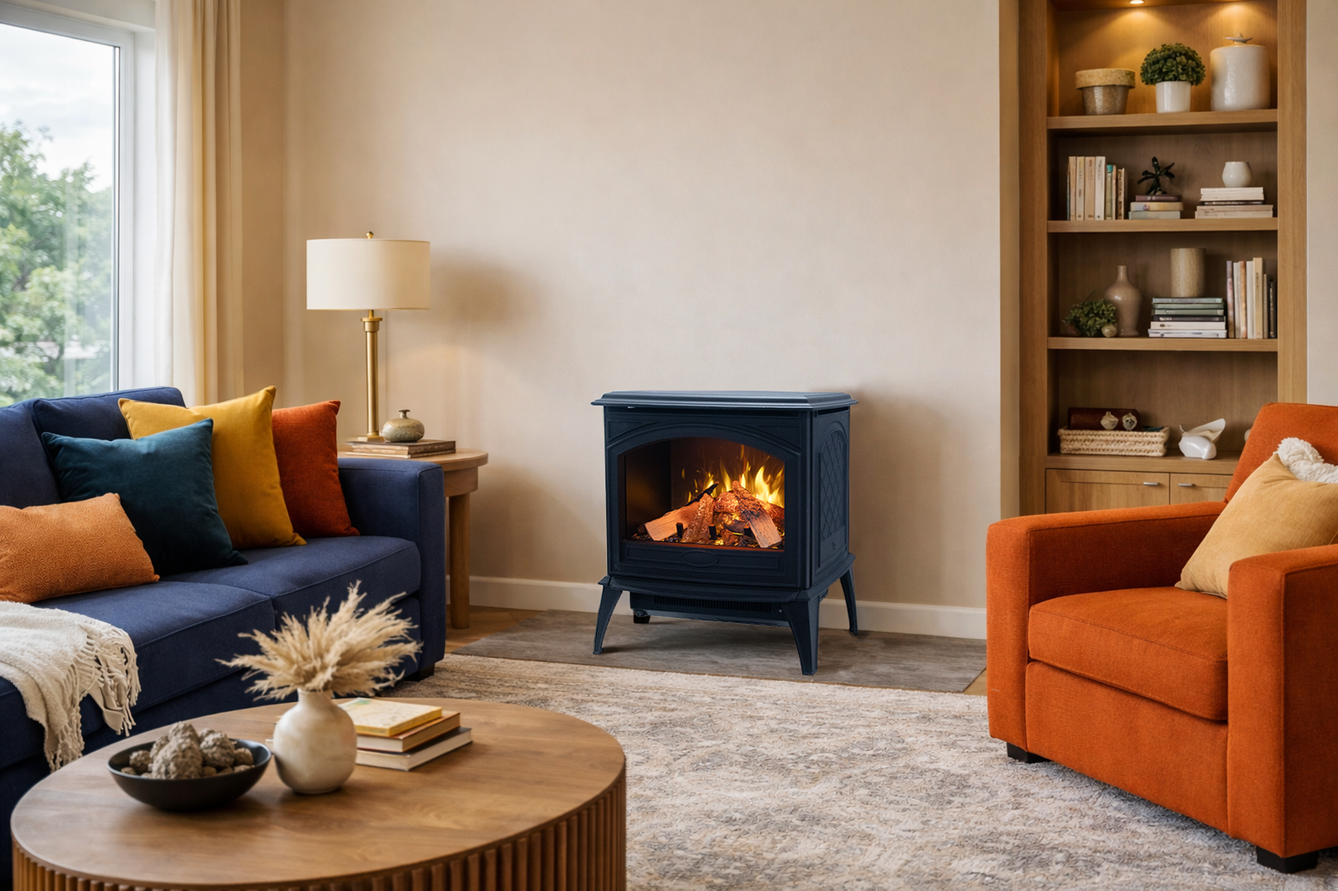 Amantii Lynwood Cast Iron E70-HO Freestanding High Power Electric Fireplace With Lit Logs & Split Logs