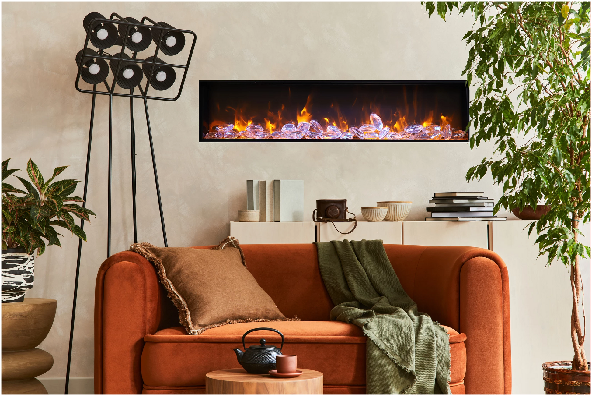 Amantii Panorama BI Deep 88" Indoor / Outdoor Full View Smart Built-in Electric Fireplace With Black Steel Surround