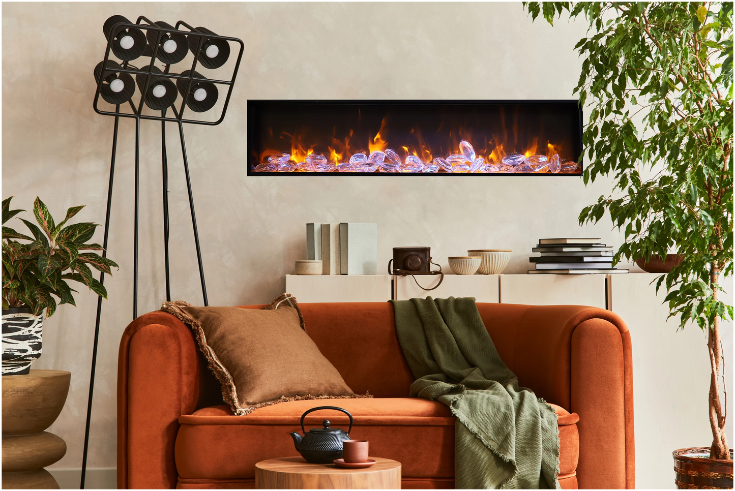 Amantii Panorama BI Deep 50" Indoor / Outdoor Full View Smart Built-in Electric Fireplace With Black Steel Surround