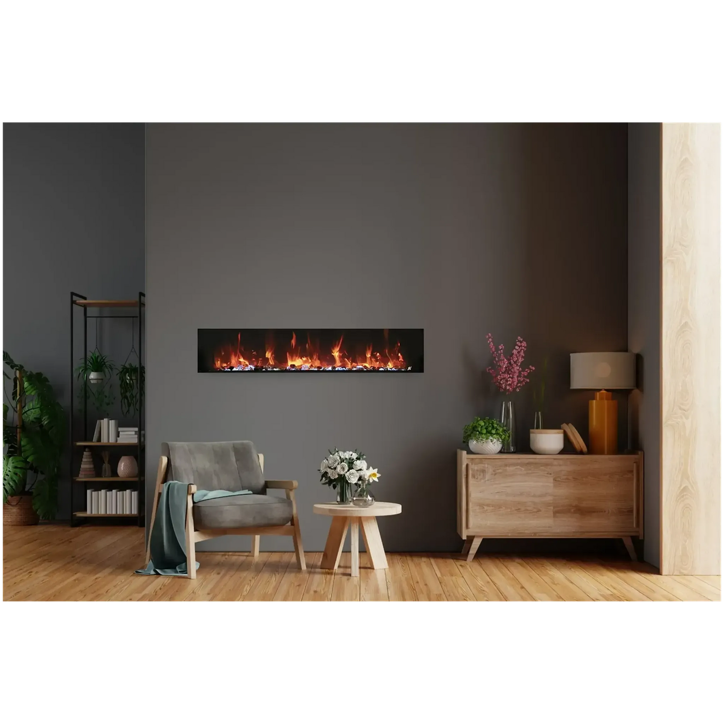 Amantii Panorama BI Extra Slim 30" Indoor / Outdoor Full View Smart Built-in Electric Fireplace With Black Steel Surround