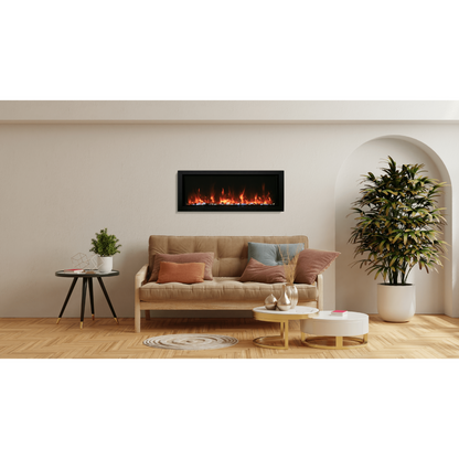 Amantii Panorama BI Slim 88" Indoor / Outdoor Full View Smart Built-in Electric Fireplace With Black Steel Surround