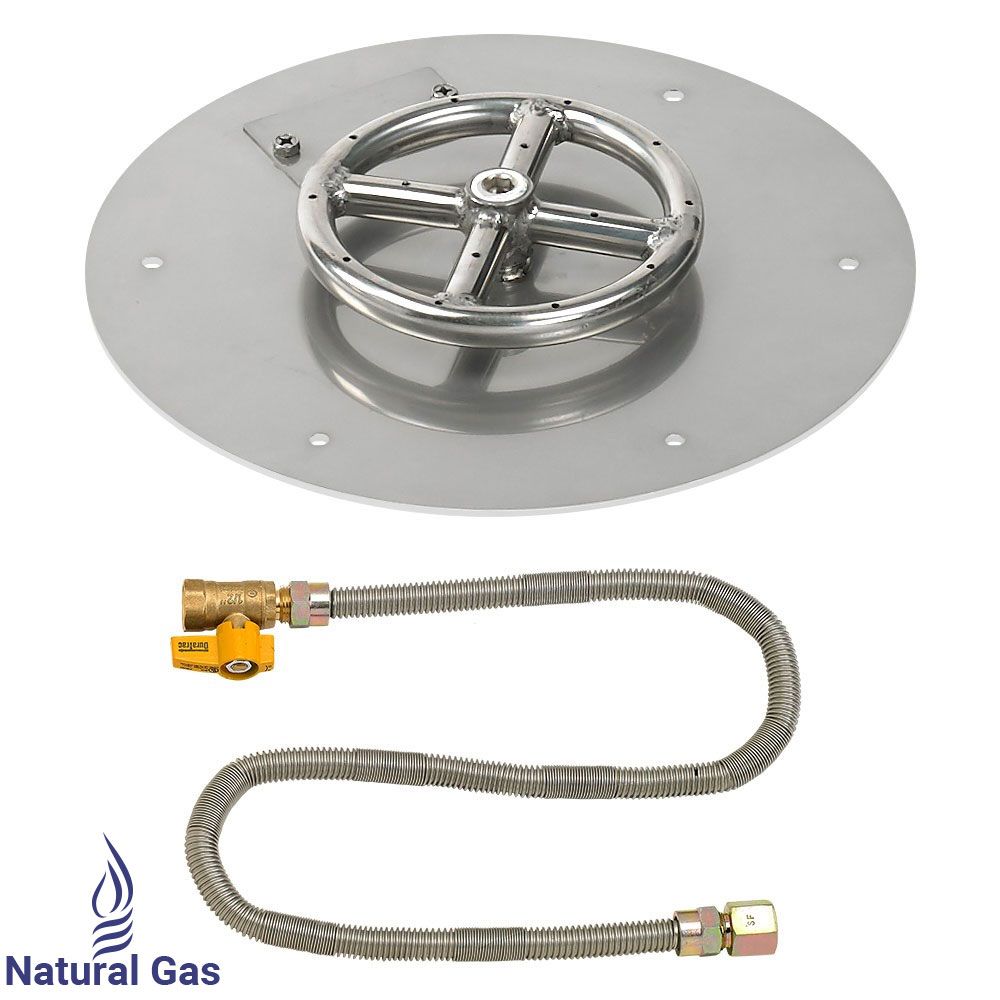 American Fireglass 12" Round Stainless Steel Flat Fire Pit Pan with Natural Gas Match Light Kit (6" Ring)