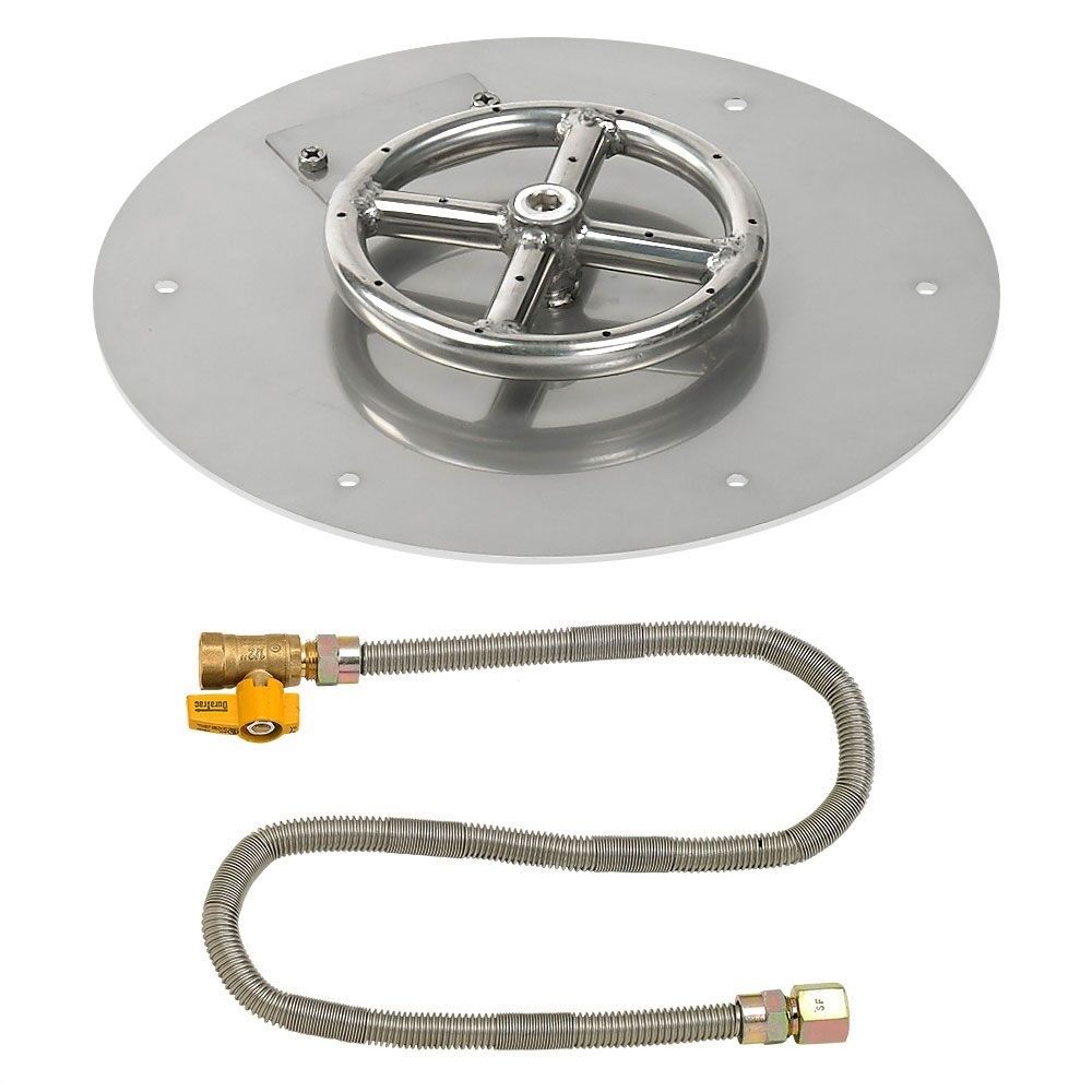 American Fireglass 12" Round Stainless Steel Flat Fire Pit Pan with Propane Match Light Kit (6" Ring)