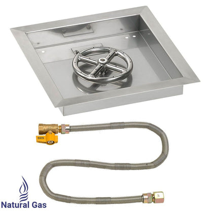 American Fireglass 12" Square Stainless Steel Drop-In Fire Pit Pan with Natural Gas Match Light Kit 6" Ring)