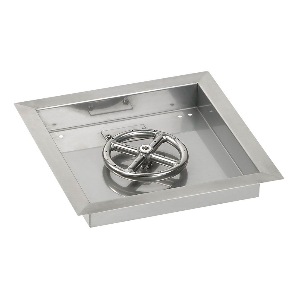 American Fireglass 12" Square Stainless Steel Drop-In Fire Pit Pan with Propane Match Light Kit 6" Ring)