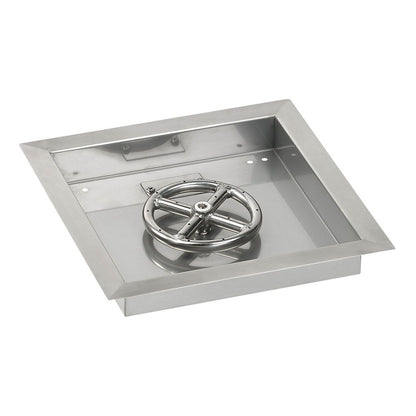 American Fireglass 12" Square Stainless Steel Drop-In Fire Pit Pan with Propane Match Light Kit 6" Ring)