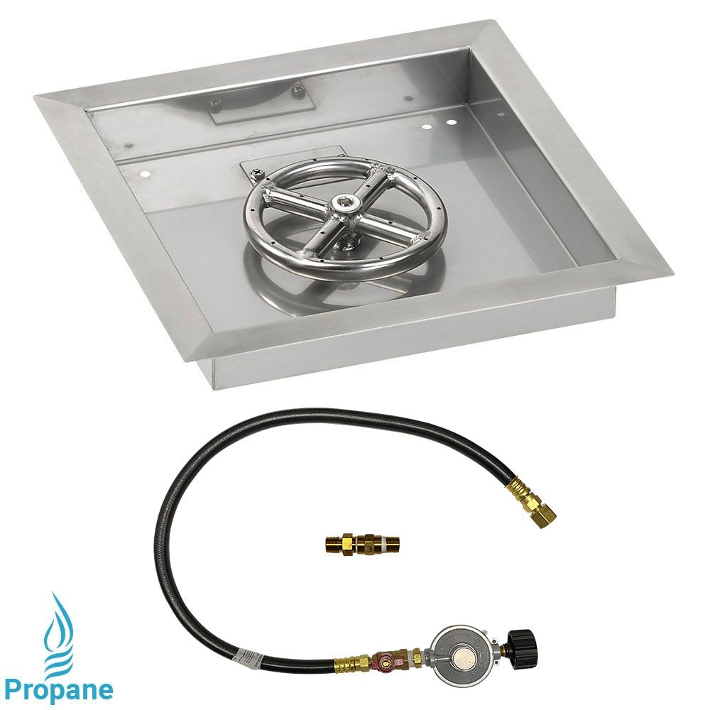 American Fireglass 12" Square Stainless Steel Drop-In Fire Pit Pan with Propane Match Light Kit 6" Ring)