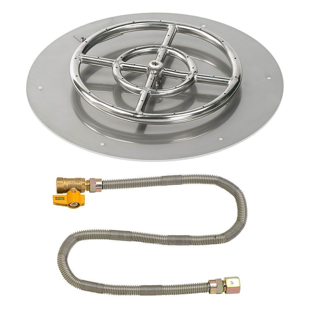 American Fireglass 18" Round Stainless Steel Flat Fire Pit Pan with Propane Match Light Kit (12" Ring)