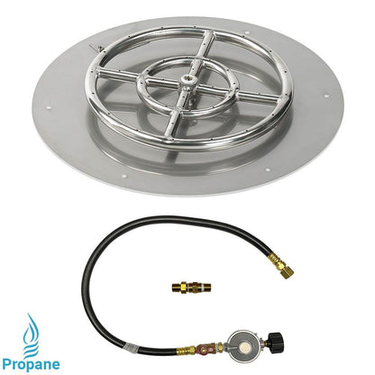 American Fireglass 18" Round Stainless Steel Flat Fire Pit Pan with Propane Match Light Kit (12" Ring)
