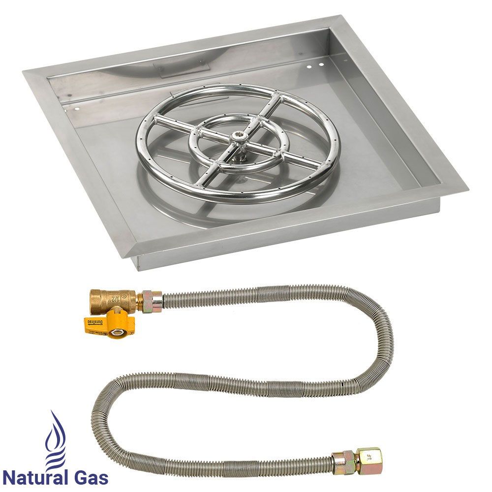 American Fireglass 18" Square Stainless Steel Drop-In Fire Pit Pan with Natural Gas Match Light Kit (12" Ring)