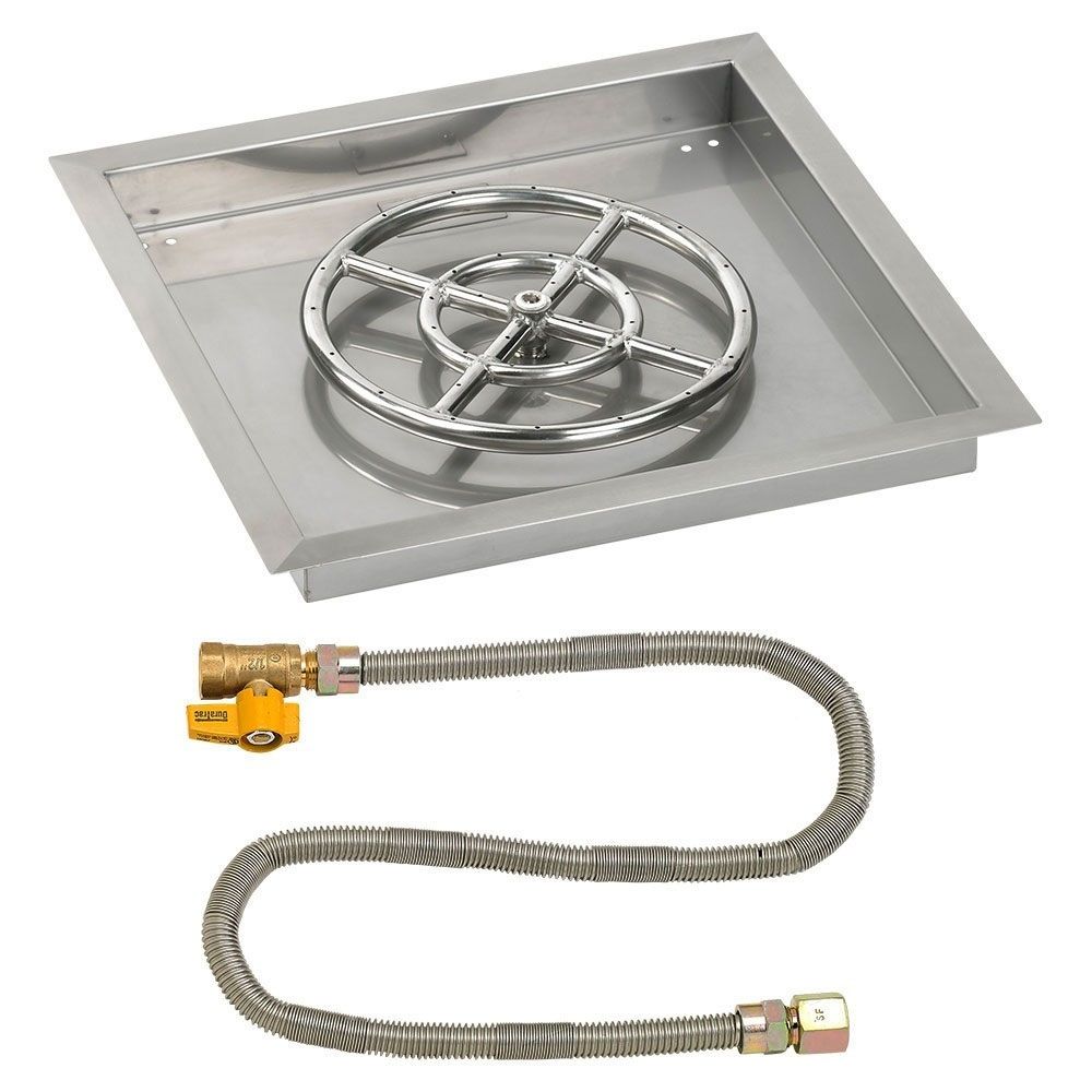 American Fireglass 18" Square Stainless Steel Drop-In Fire Pit Pan with Natural Gas Match Light Kit (12" Ring)