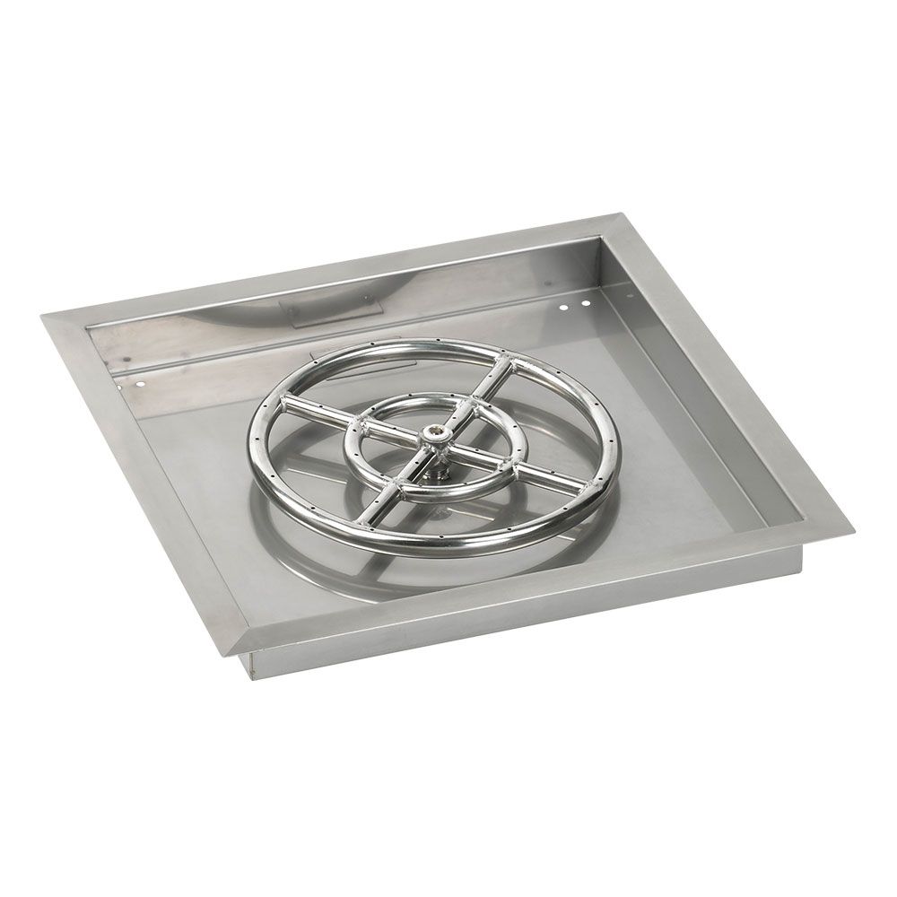 American Fireglass 18" Square Stainless Steel Drop-In Fire Pit Pan with Propane Match Light Kit (12" Ring)
