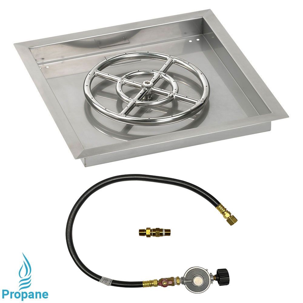 American Fireglass 18" Square Stainless Steel Drop-In Fire Pit Pan with Propane Match Light Kit (12" Ring)