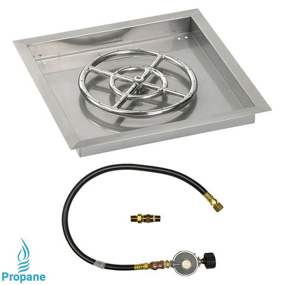 American Fireglass 18" Square Stainless Steel Drop-In Fire Pit Pan with Propane Match Light Kit (12" Ring)