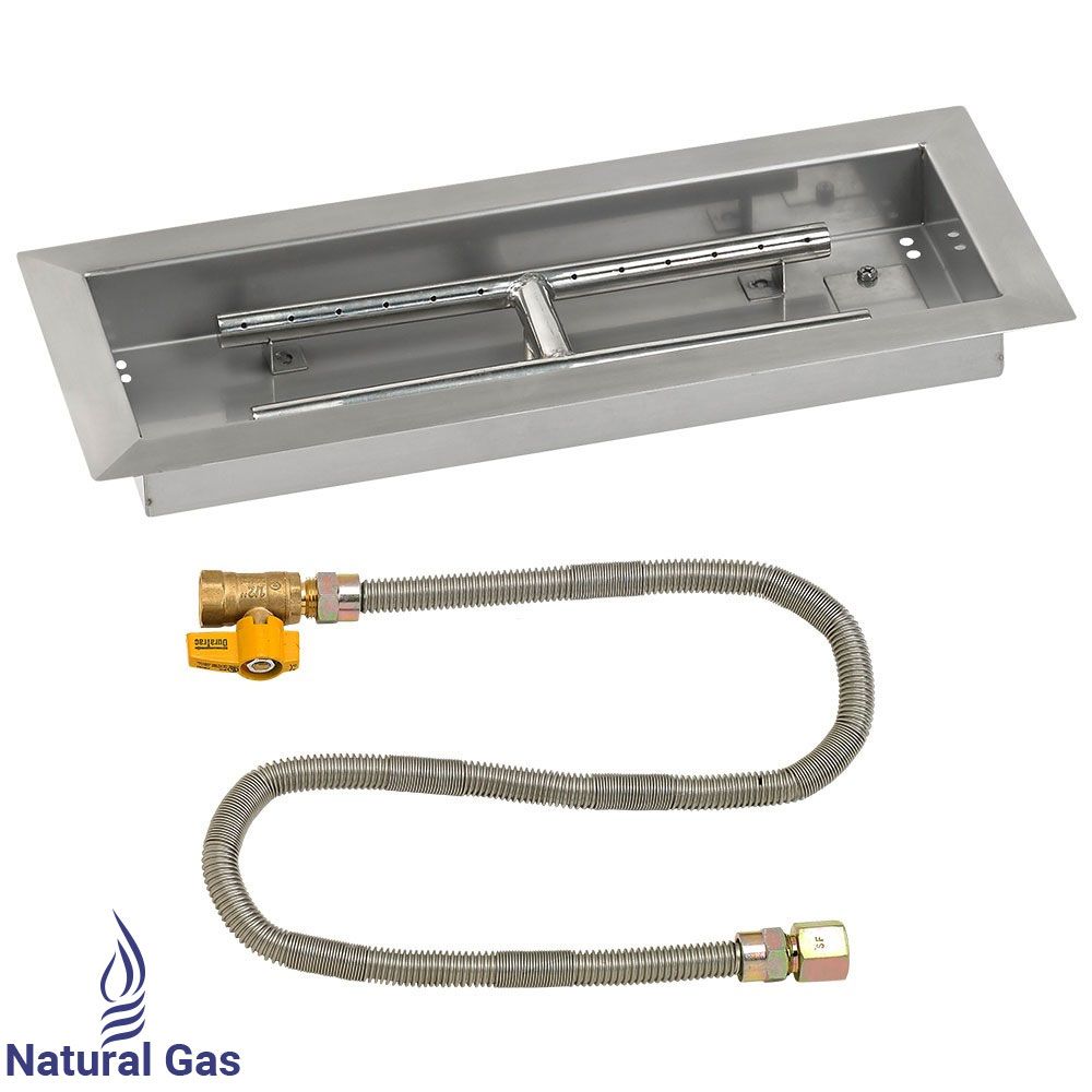 American Fireglass 18" x 6" Rectangular Stainless Steel Drop-In Fire Pit Pan with Natural Gas Match Light Kit