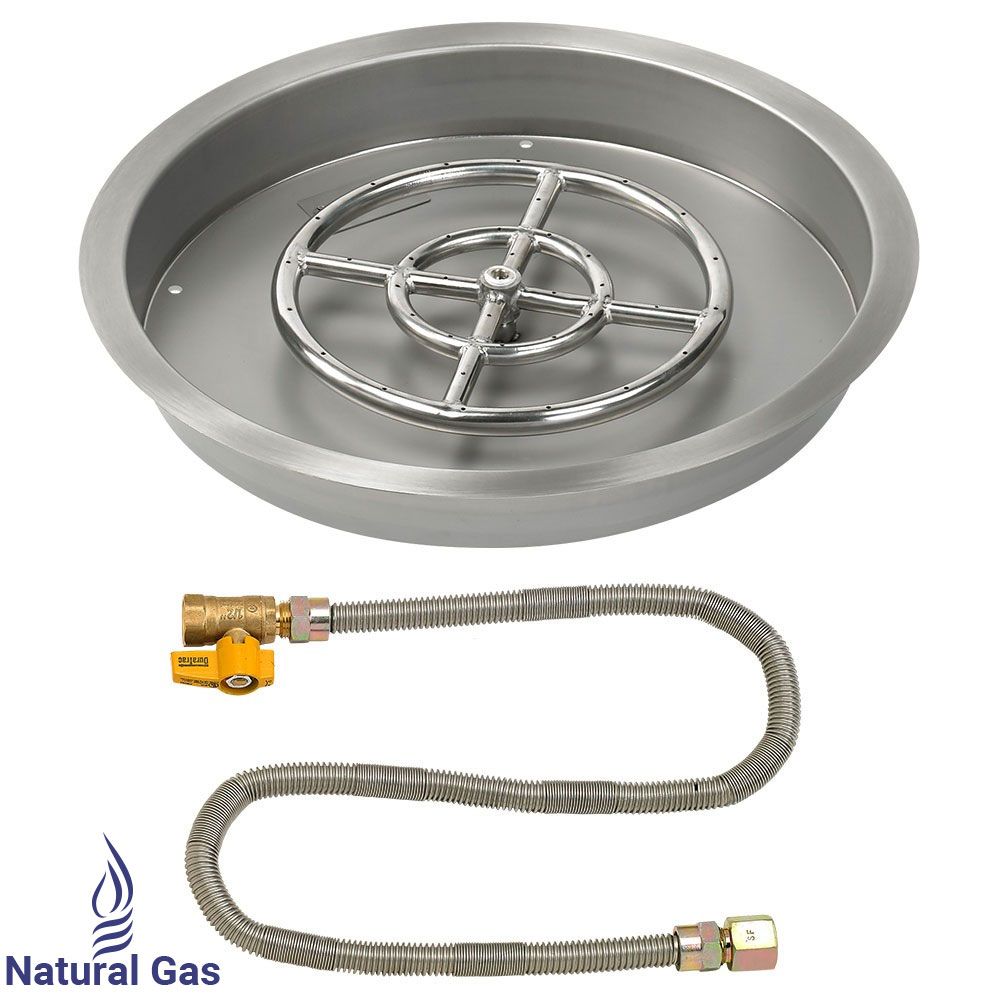 American Fireglass 19" Round Stainless Steel Drop-In Fire Pit Pan with Natural Gas Match Light Kit (12" Ring)