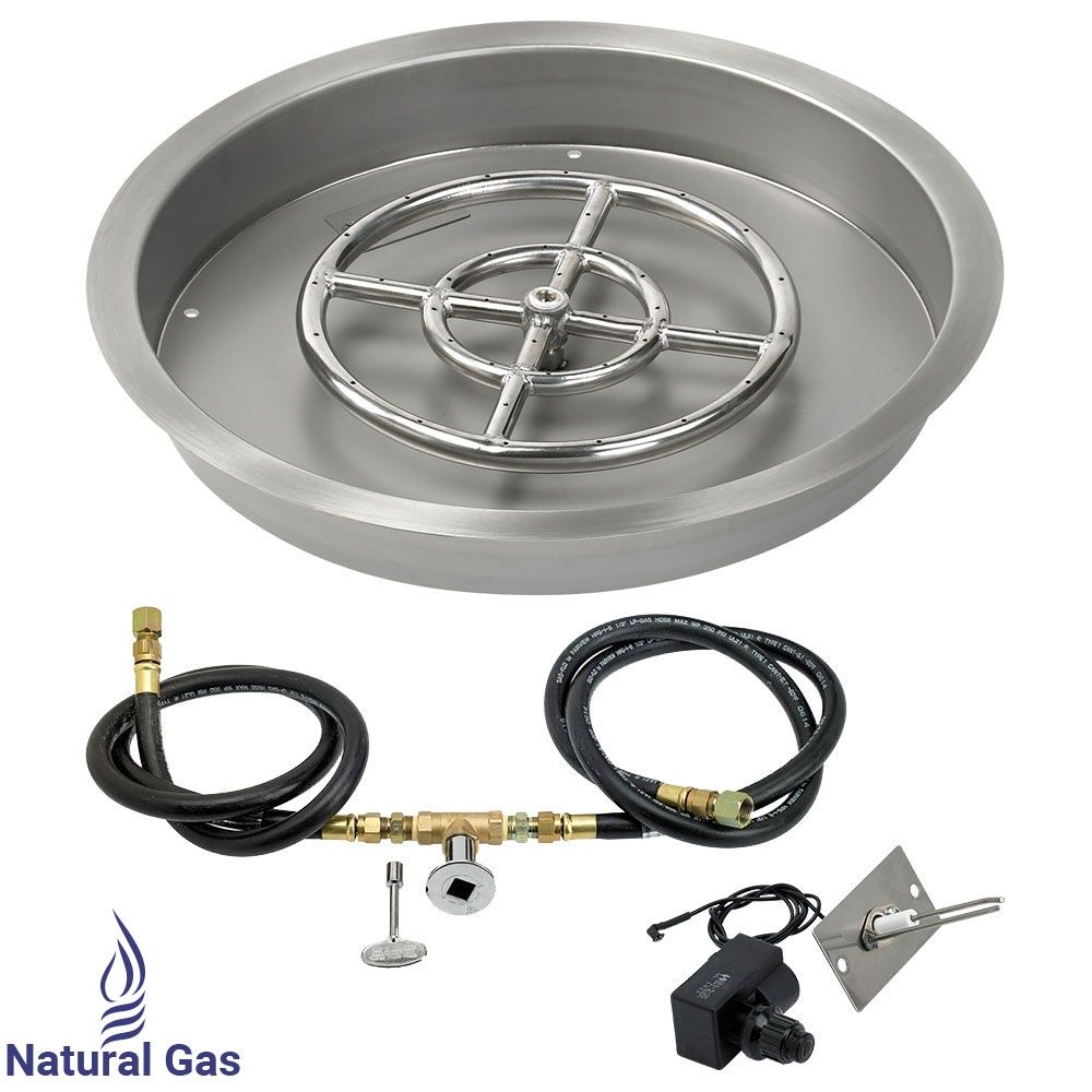 American Fireglass 19" Round Stainless Steel Drop-In Fire Pit Pan with Natural Gas Spark Ignition Kit (12" Ring)