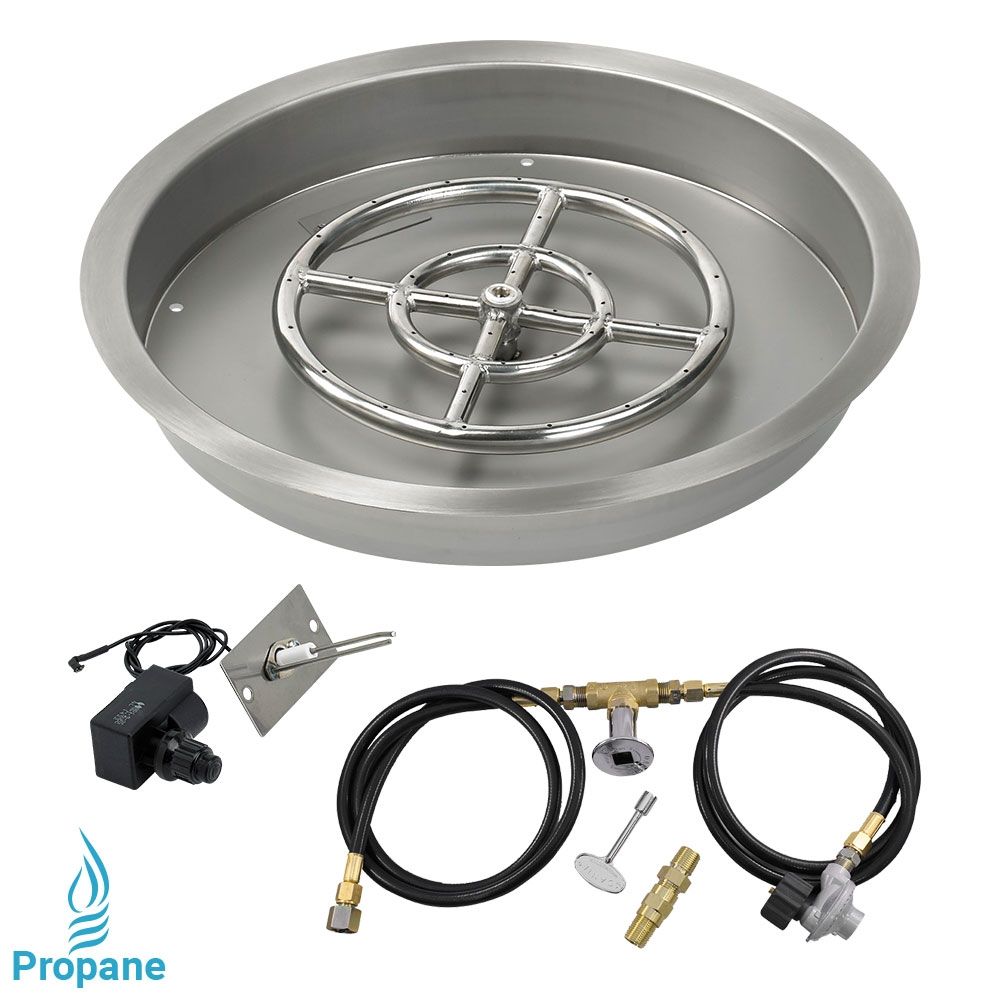 American Fireglass 19" Round Stainless Steel Drop-In Fire Pit Pan with Propane Spark Ignition Kit (12" Ring)