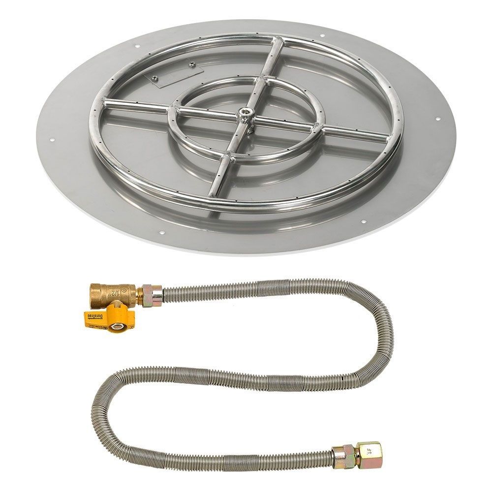 American Fireglass 24" Round Stainless Steel Flat Fire Pit Pan with Natural Gas Match Light Kit (18" Ring)
