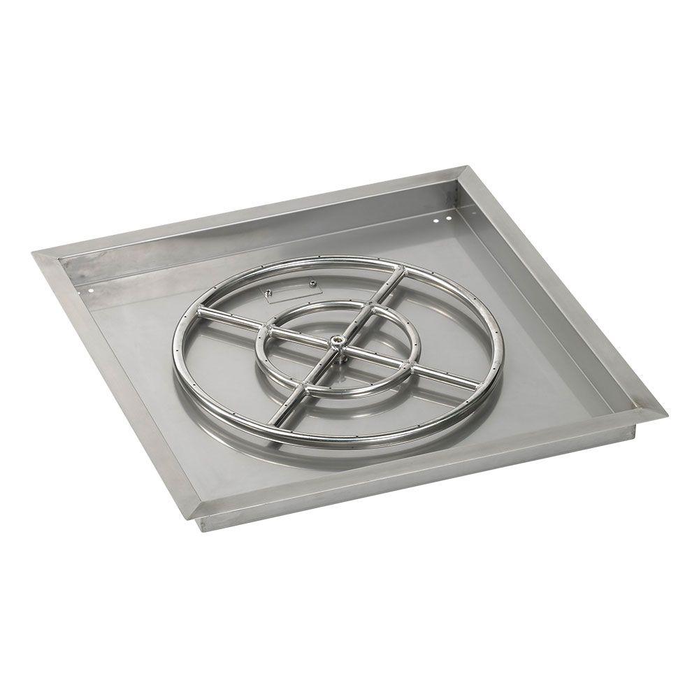 American Fireglass 24" Square Stainless Steel Drop-In Fire Pit Pan with Natural Gas Match Light Kit (18" Ring)