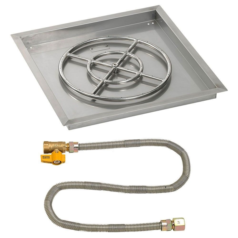 American Fireglass 24" Square Stainless Steel Drop-In Fire Pit Pan with Natural Gas Match Light Kit (18" Ring)