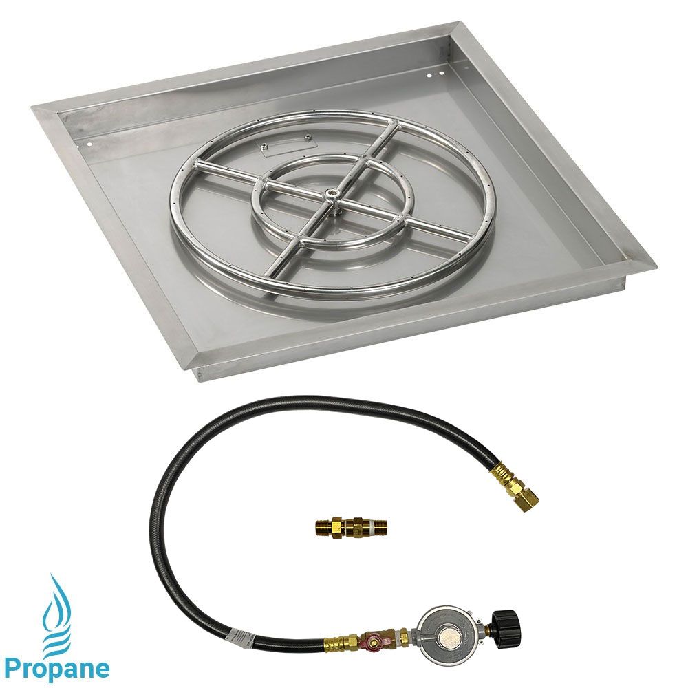 American Fireglass 24" Square Stainless Steel Drop-In Fire Pit Pan with Propane Match Light Kit (18" Ring)