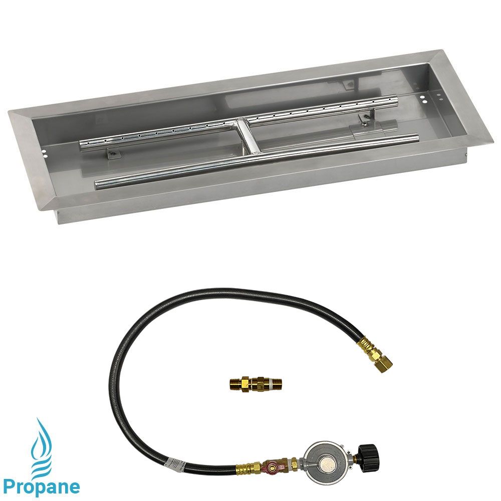 American Fireglass 24" x 8" Rectangular Stainless Steel Drop-In Fire Pit Pan with Propane Match Light Kit