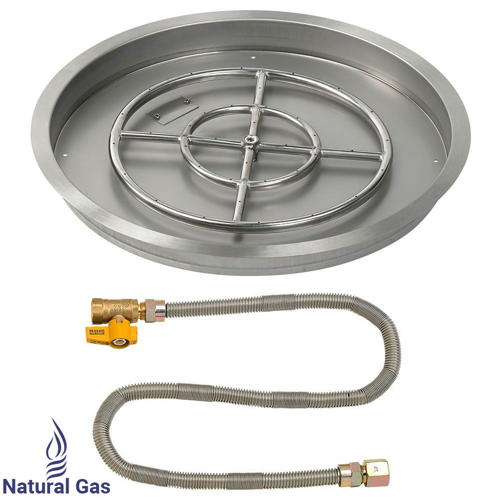 American Fireglass 25" Round Stainless Steel Drop-In Fire Pit Pan with Natural Gas Match Light Kit (18" Ring)