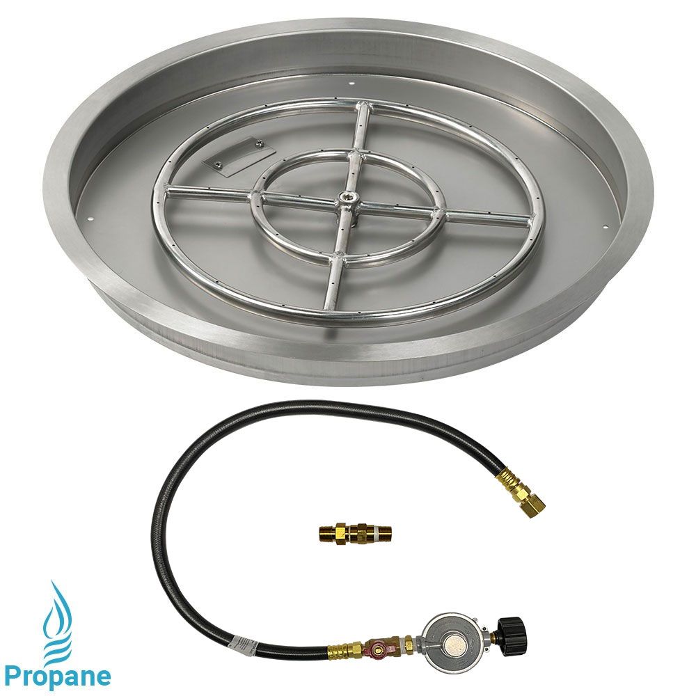 American Fireglass 25" Round Stainless Steel Drop-In Fire Pit Pan with Propane Match Light Kit (18" Ring)