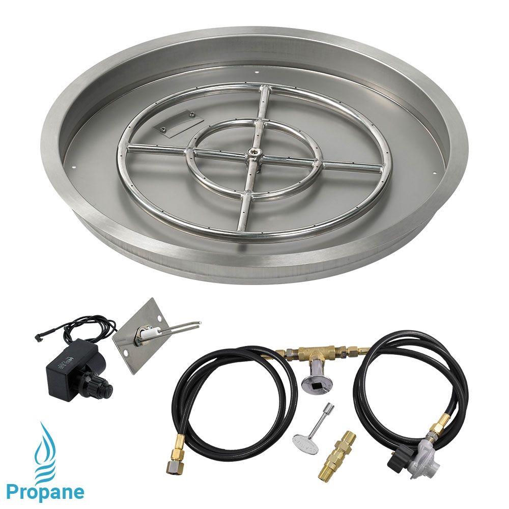 American Fireglass 25" Round Stainless Steel Drop-In Fire Pit Pan with Propane Spark Ignition Kit (18" Ring)
