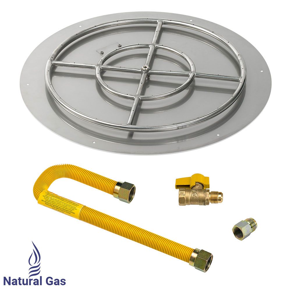American Fireglass 30" Round Stainless Steel Flat Fire Pit Pan with High Capacity Natural Gas Match Light Kit (24" Ring)