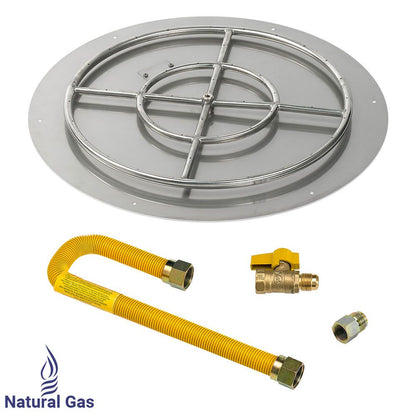 American Fireglass 30" Round Stainless Steel Flat Fire Pit Pan with High Capacity Natural Gas Match Light Kit (24" Ring)