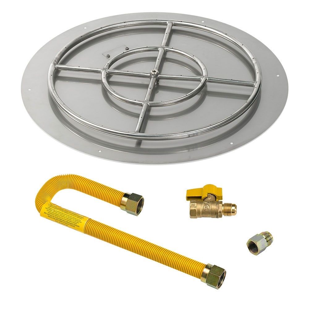 American Fireglass 30" Round Stainless Steel Flat Fire Pit Pan with High Capacity Natural Gas Match Light Kit (24" Ring)
