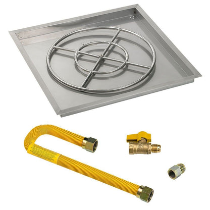 American Fireglass 30" Square Stainless Steel Drop-In Fire Pit Pan with High Capacity Natural Gas Match Light Kit (24" Ring)