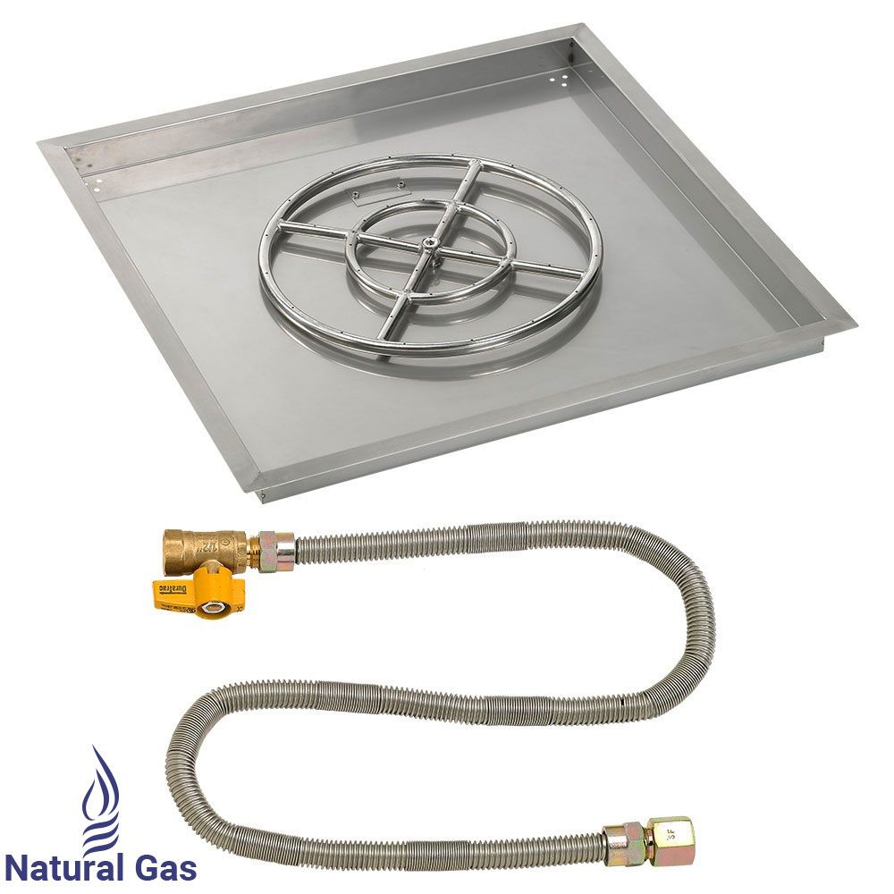 American Fireglass 30" Square Stainless Steel Drop-In Fire Pit Pan with Natural Gas Match Light Kit (18" Ring)