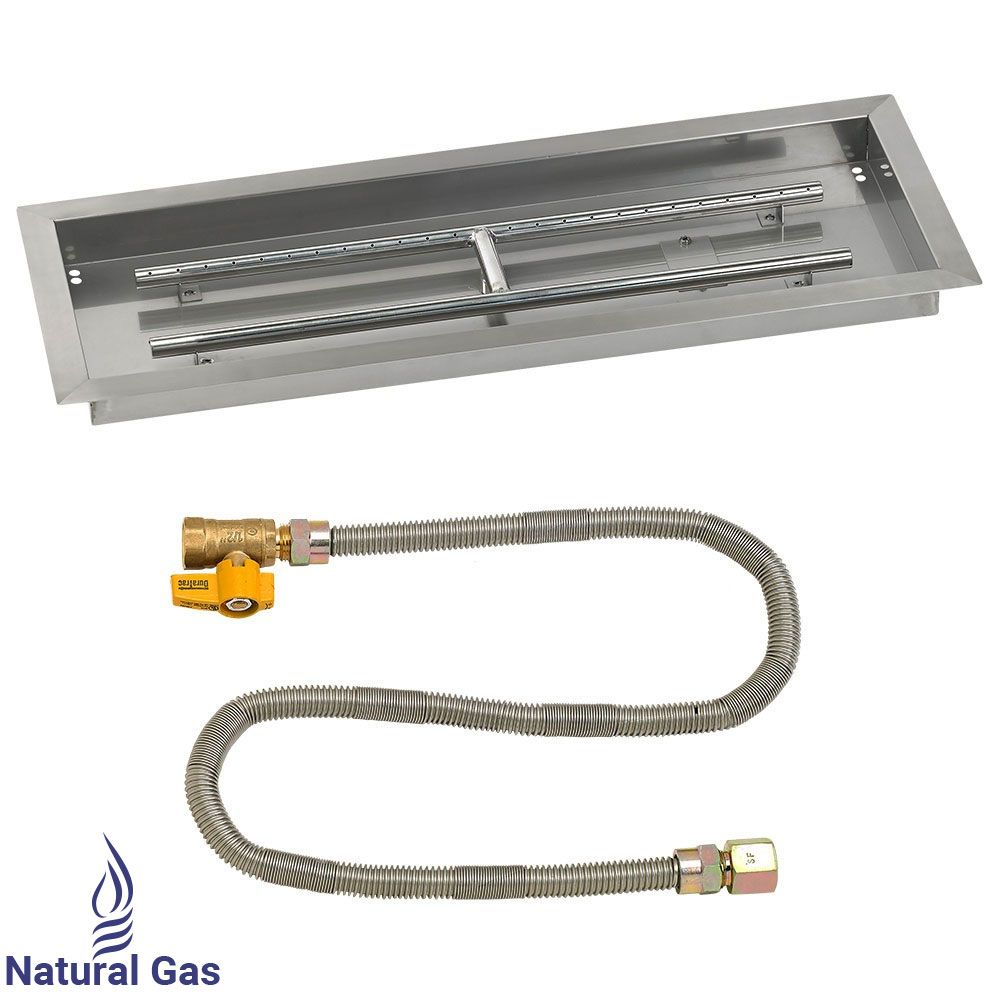 American Fireglass 30" x 10" Rectangular Stainless Steel Drop-In Fire Pit Pan with Natural Gas Match Light Kit