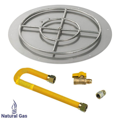 American Fireglass 36" Round Stainless Steel Flat Fire Pit Pan with High Capacity Natural Gas Match Light Kit (24" Ring)