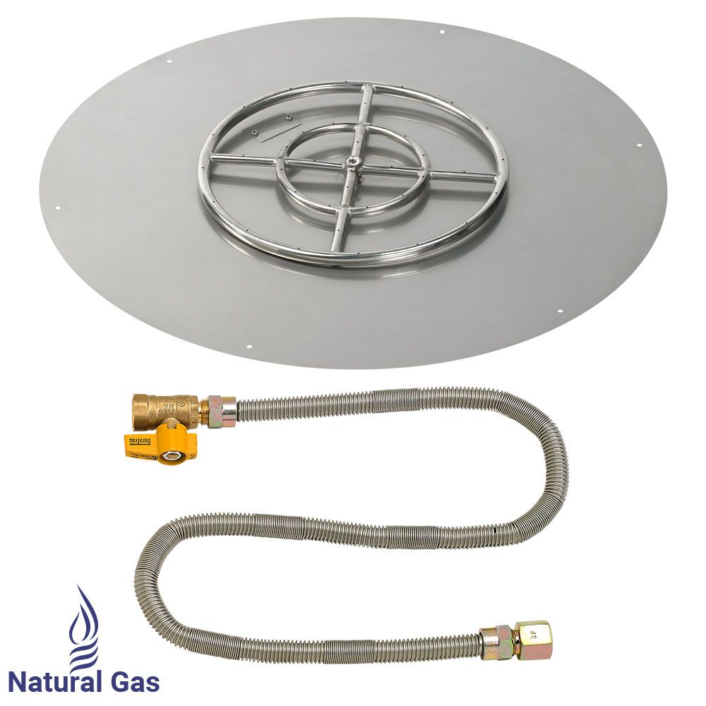 American Fireglass 36" Round Stainless Steel Flat Fire Pit Pan with Natural Gas Match Light Kit (18" Ring)