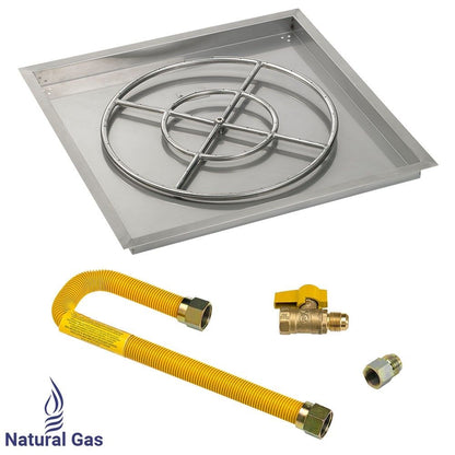 American Fireglass 36" Square Stainless Steel Drop-In Fire Pit Pan with High Capacity Natural Gas Match Light Kit (24" Ring)