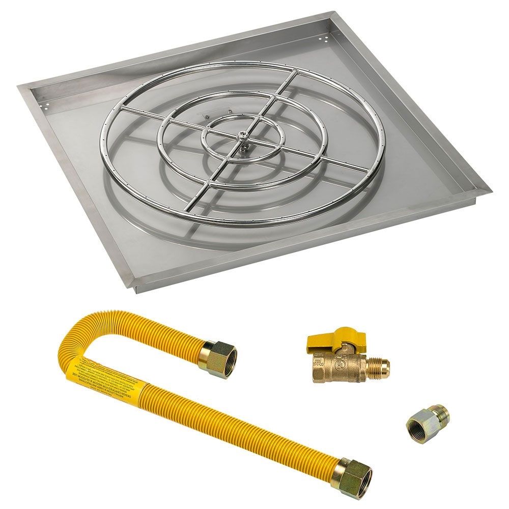 American Fireglass 36" Square Stainless Steel Drop-In Fire Pit Pan with High Capacity Natural Gas Match Light Kit (24" Ring)