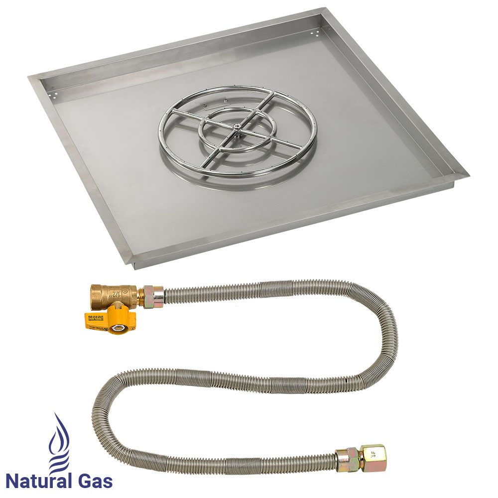 American Fireglass 36" Square Stainless Steel Drop-In Fire Pit Pan with Natural Gas Match Light Kit (18" Ring)