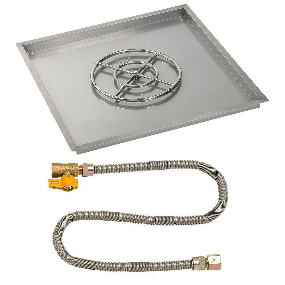 American Fireglass 36" Square Stainless Steel Drop-In Fire Pit Pan with Natural Gas Match Light Kit (18" Ring)