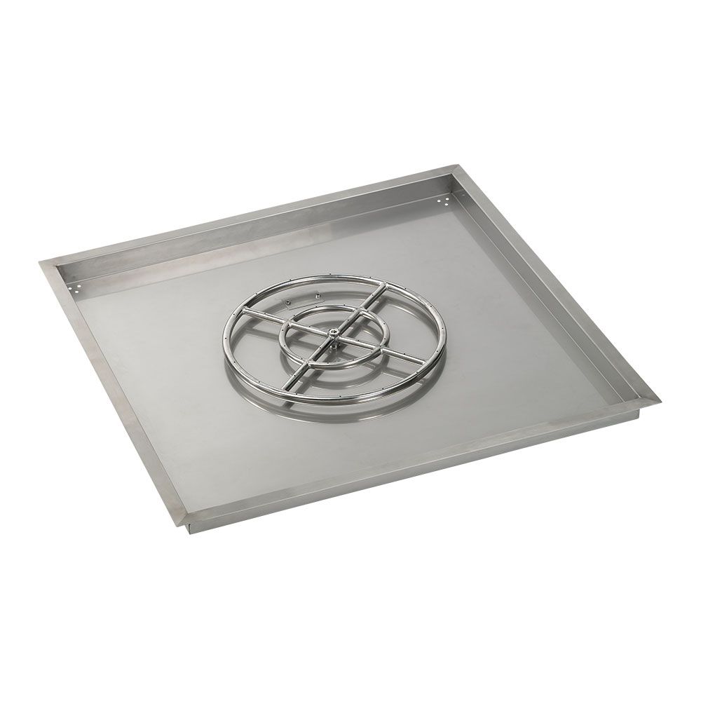 American Fireglass 36" Square Stainless Steel Drop-In Fire Pit Pan with Propane Match Light Kit (18" Ring)