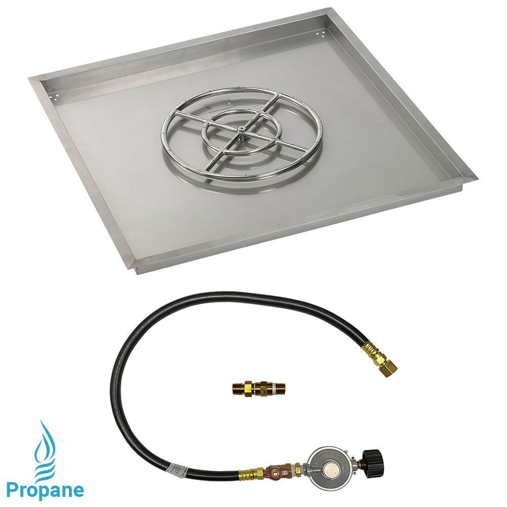 American Fireglass 36" Square Stainless Steel Drop-In Fire Pit Pan with Propane Match Light Kit (18" Ring)