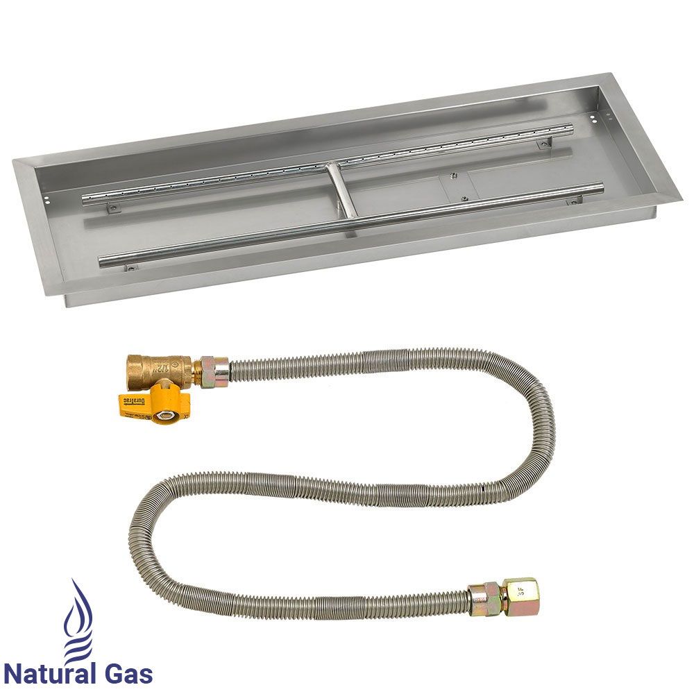 American Fireglass 36" x 12" Rectangular Stainless Steel Drop-In Fire Pit Pan with Natural Gas Match Light Kit